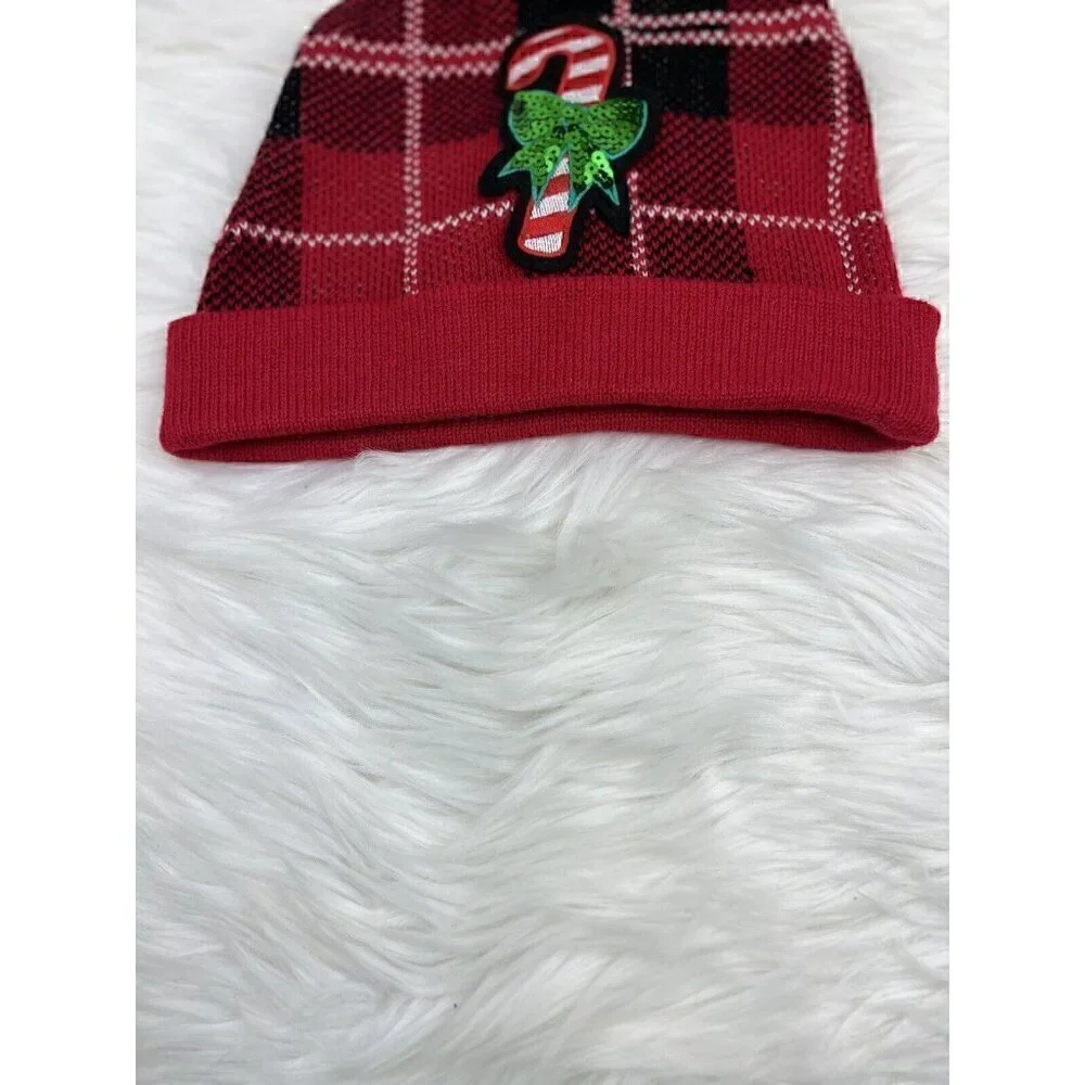 Ugly Sweater Christmas Beanie Hat Cap Sequin Candy Cane Red Black Plaid Pom Pom